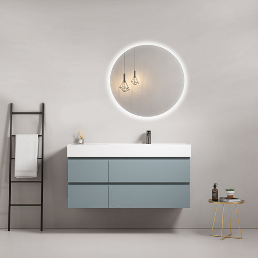 Mobile bagno sospeso 120 cm Blu Avio Lavabo a Destra in Resina Specchio Tondo Retroilluminato - Fiji Paint