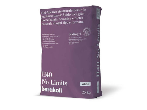 H40 Colla Gel Bianco 25 kg by Kerakoll, flexible adhesive for ceramics and natural stone, in a modern packaging design.