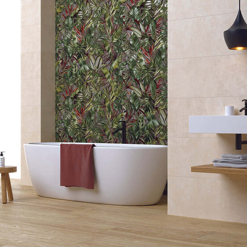 Modern bathroom featuring a freestanding tub, wooden flooring, and a vibrant leafy wall design.