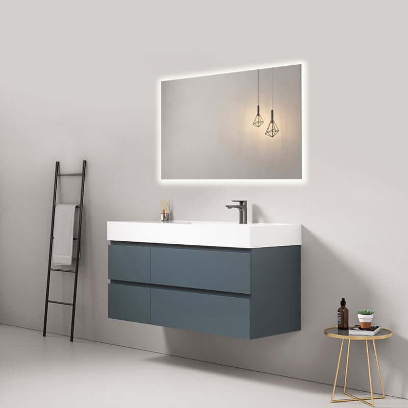 Mobile bagno sospeso 120 cm Blu Mare con lavabo a destra e specchio retroilluminato, design moderno e funzionale.
