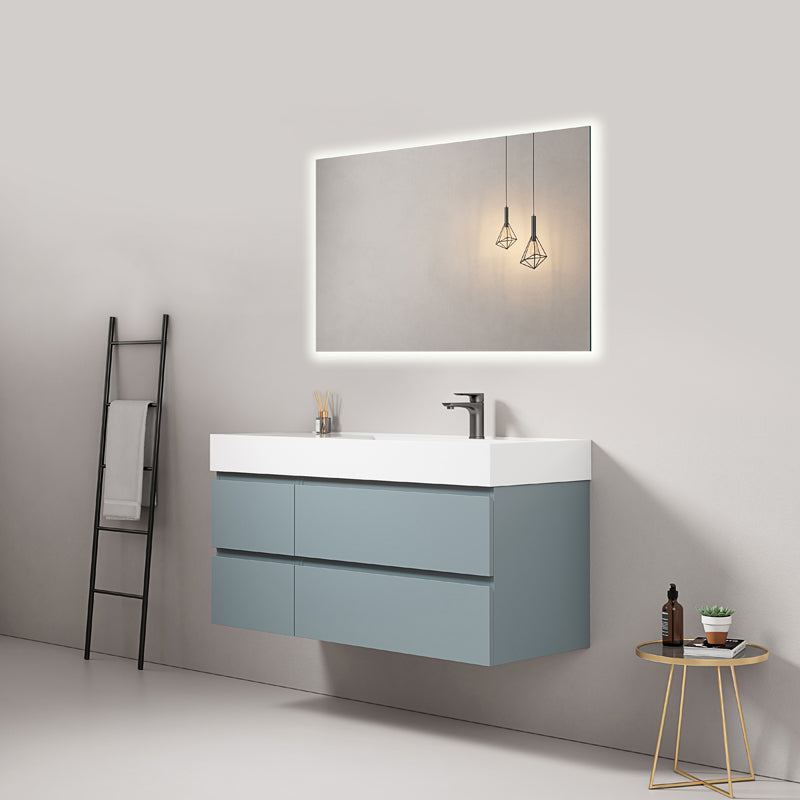 Mobile bagno sospeso 120 cm Blu Avio Lavabo a Destra in Resina Specchio Quadro Retroilluminato - Fiji Paint
