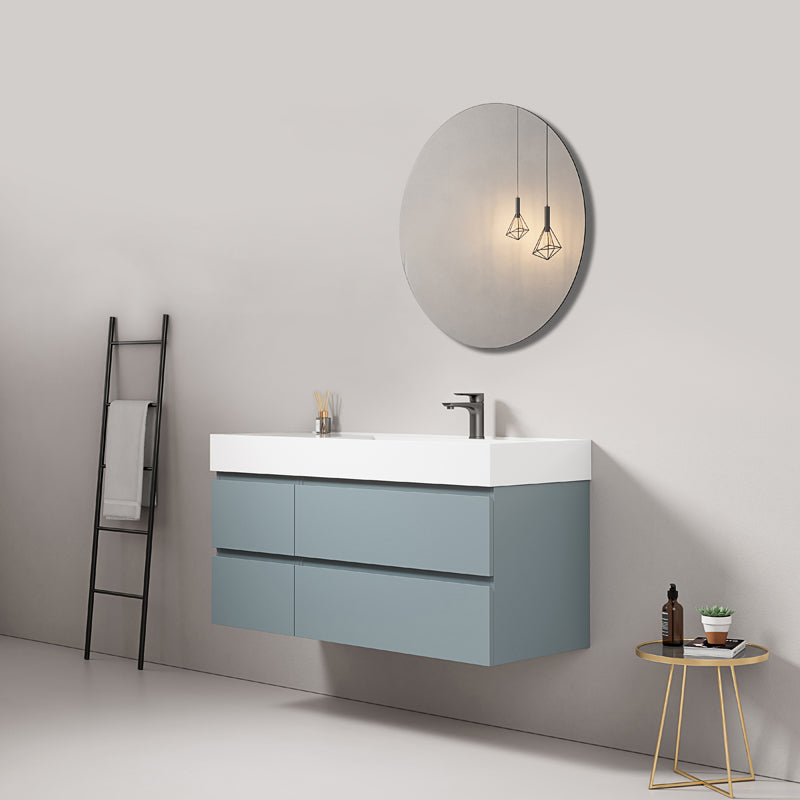 Mobile bagno sospeso 120 cm Blu Avio Lavabo a Destra in Resina Specchio Tondo - Fiji Paint