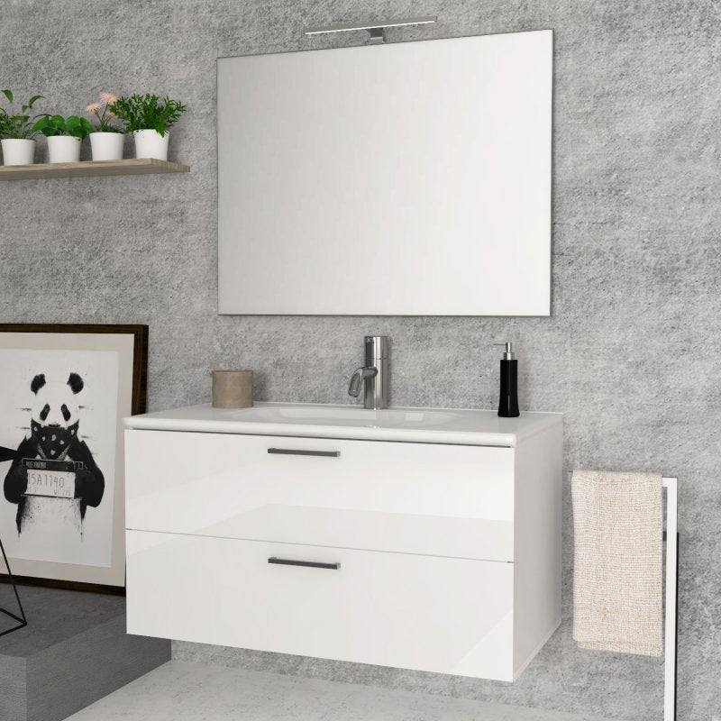 Mobile Bagno Sospeso 100 cm Bianco Lucido con Specchio con Lampada Led Alice - Savini
