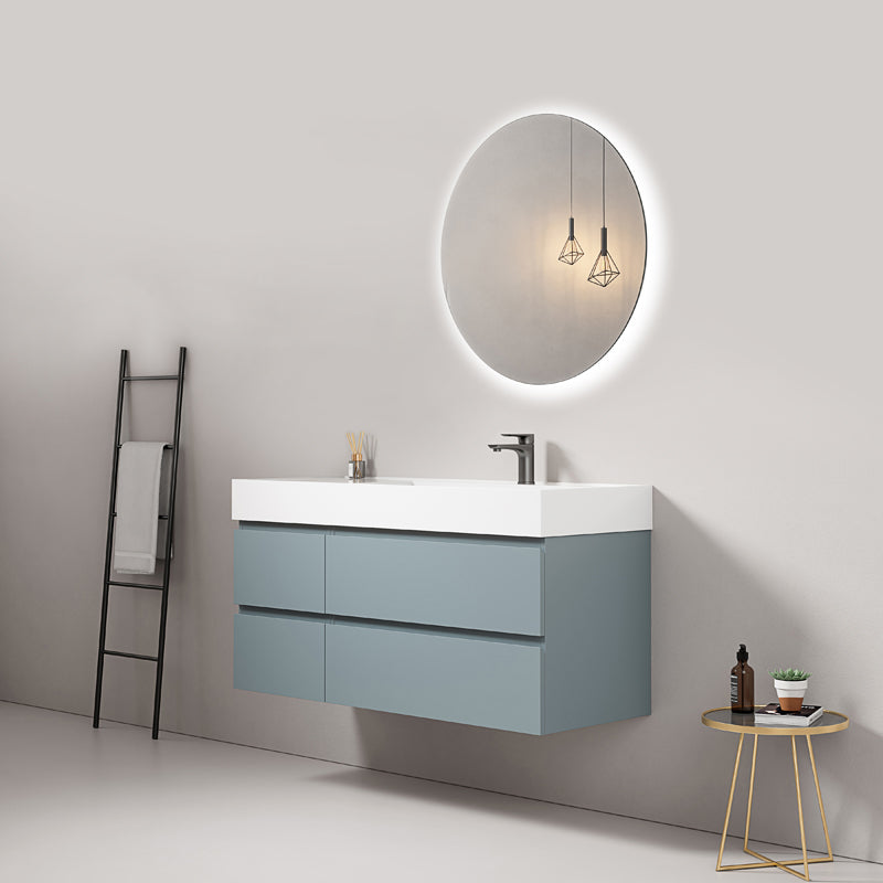 Mobile bagno sospeso 120 cm Blu Avio Lavabo a Destra in Resina Specchio Tondo Retroilluminato - Fiji Paint