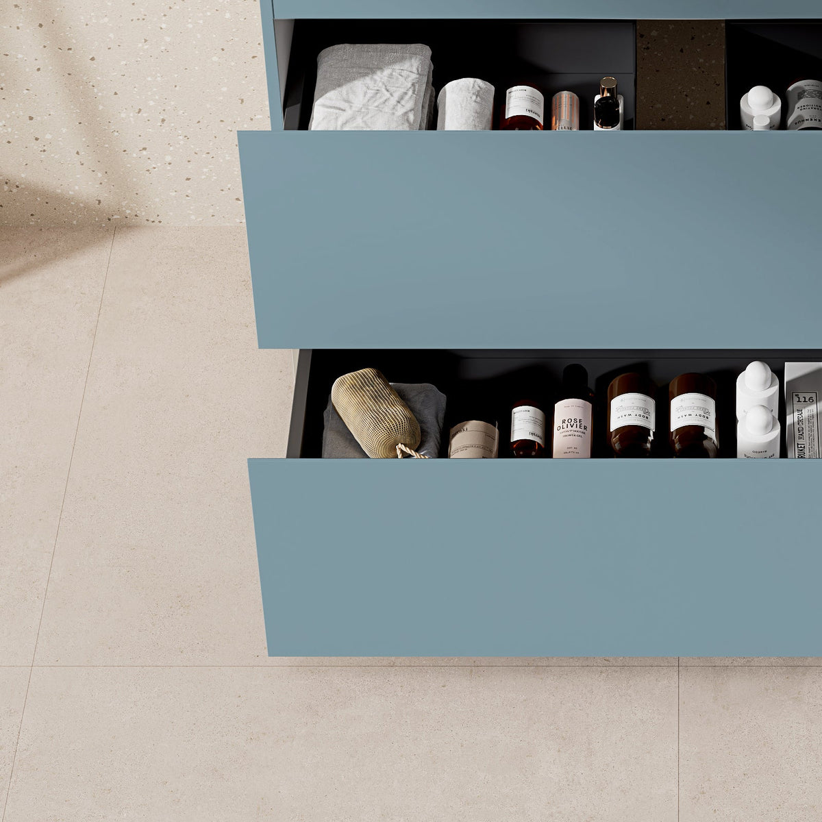 Mobile bagno a Terra 100 cm Blu Avio Lavabo in Resina Specchio Tondo Retroilluminato Profilo Nero - Nube Paint