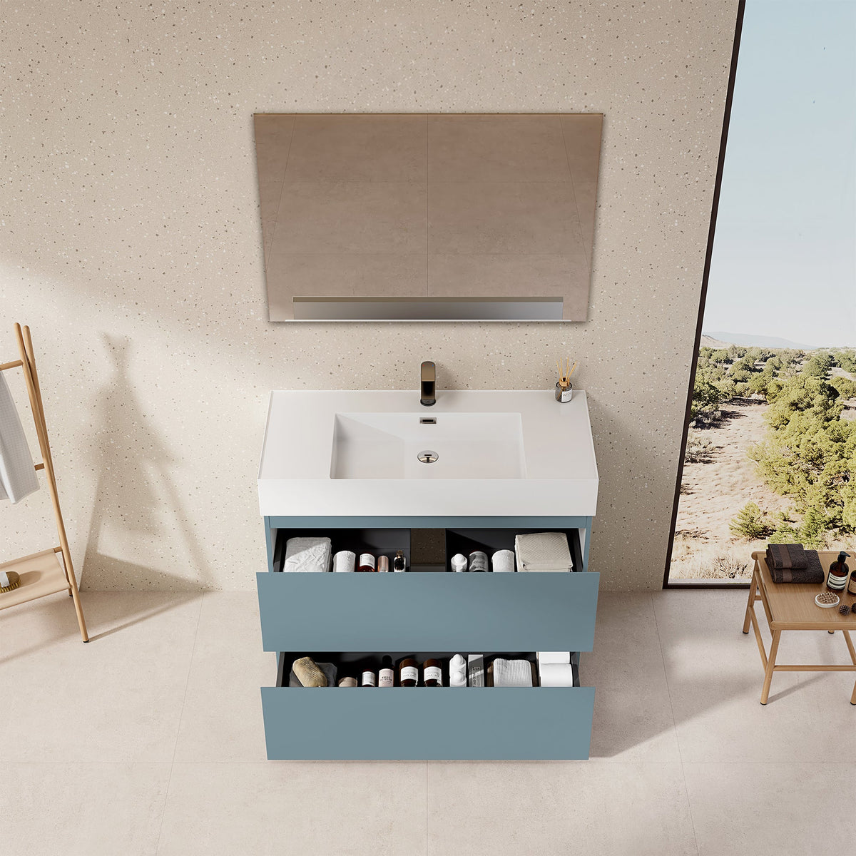 Mobile bagno a Terra 100 cm Blu Avio Lavabo in Resina Specchio Quadro - Nube Paint