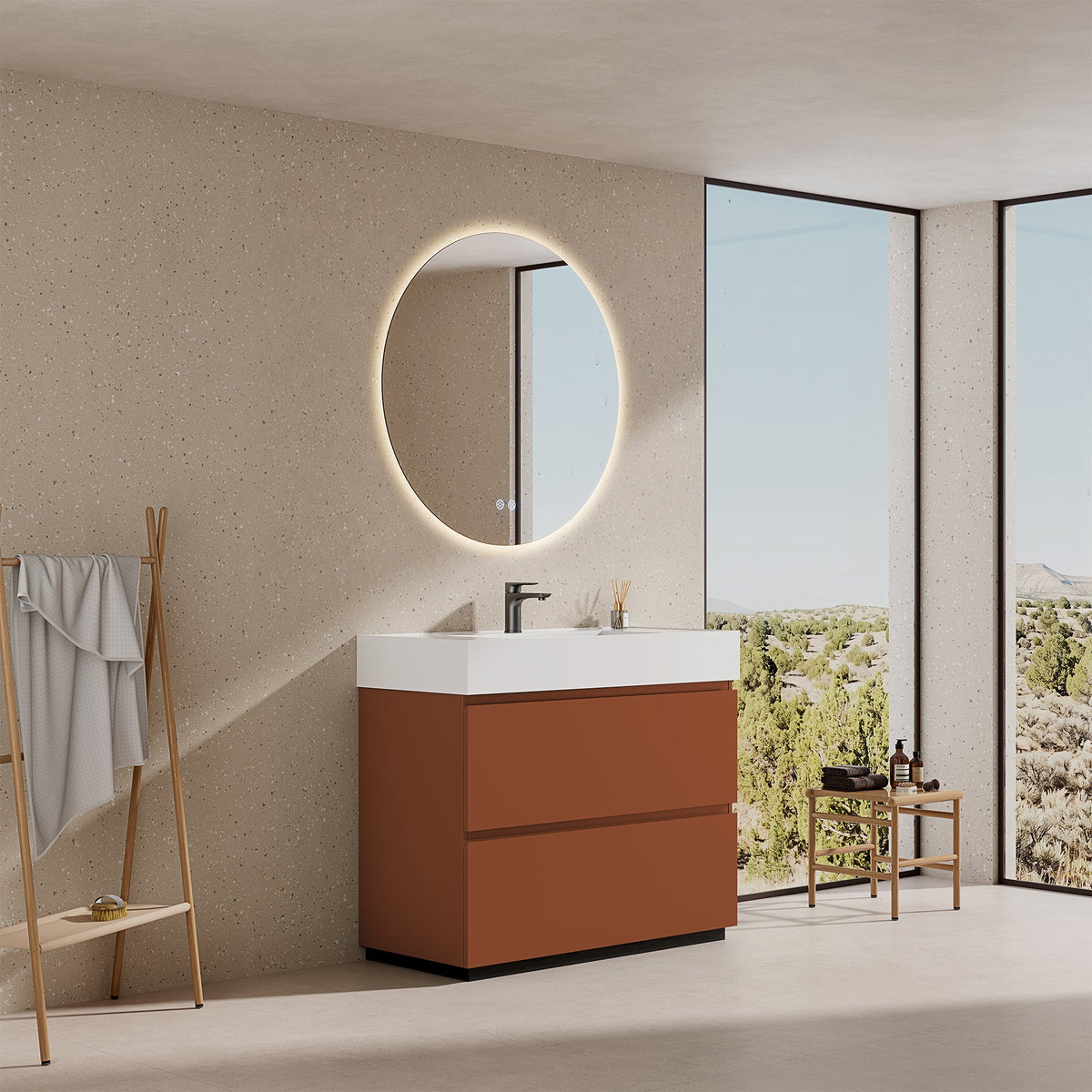 Mobile bagno a Terra 100 cm Cotto Contemporaneo Lavabo in Resina Specchio Tondo Retroilluminato - Nube Paint