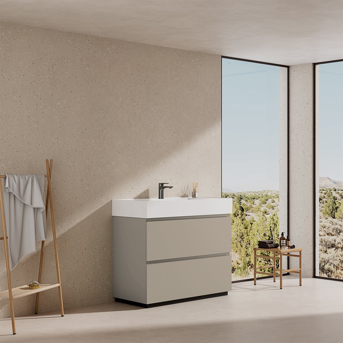 Mobile bagno a Terra 100 cm Grigio Cenere Lavabo in Resina Senza Specchio - Nube Paint