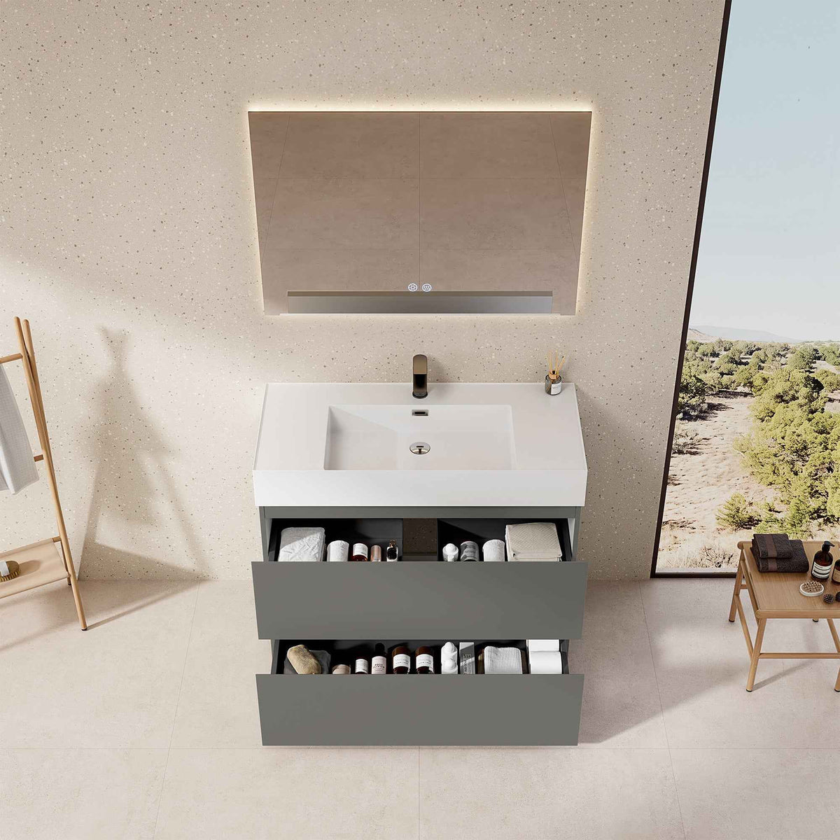 Mobile bagno a Terra 100 cm Grigio Londra Lavabo in Resina Specchio Quadro Retroilluminato - Nube Paint