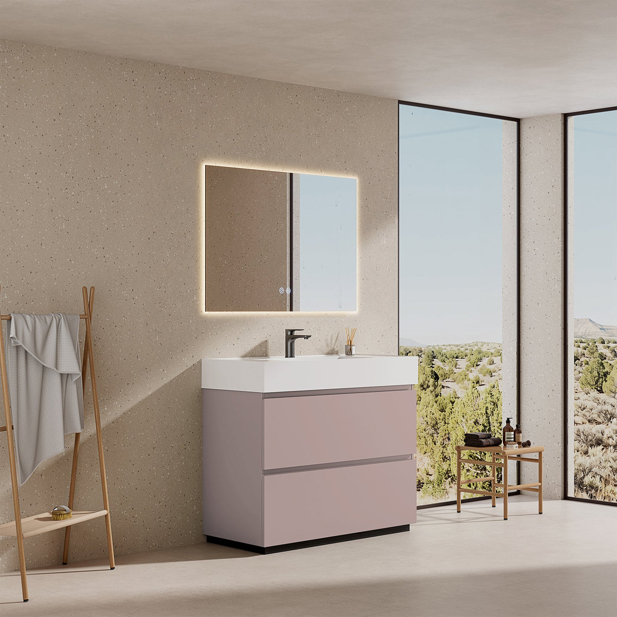 Mobile bagno a Terra 100 cm Rosa Retrò Lavabo in Resina Specchio Quadro Retroilluminato - Nube Paint