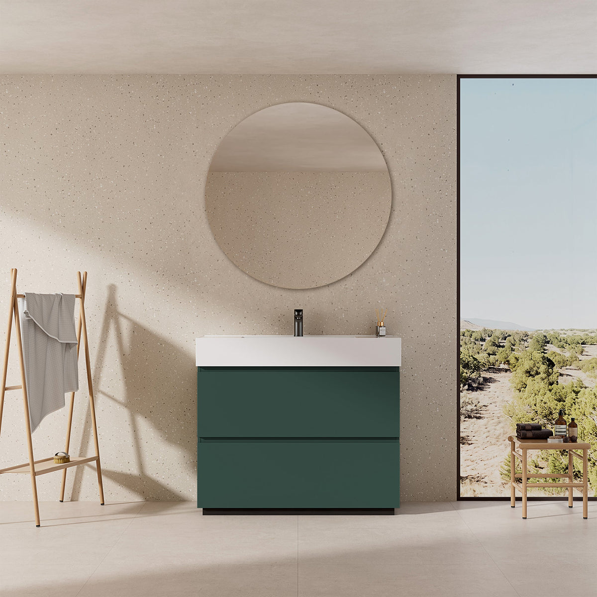 Mobile bagno a Terra 100 cm Verde Comodoro Lavabo in Resina Specchio Tondo - Nube Paint