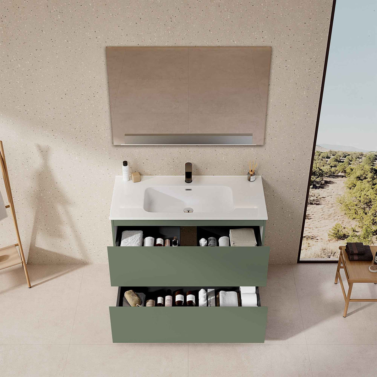Mobile bagno a Terra 100 cm Verde Salvia Lavabo in Ceramica Specchio Tondo Retroilluminato - Nube Paint
