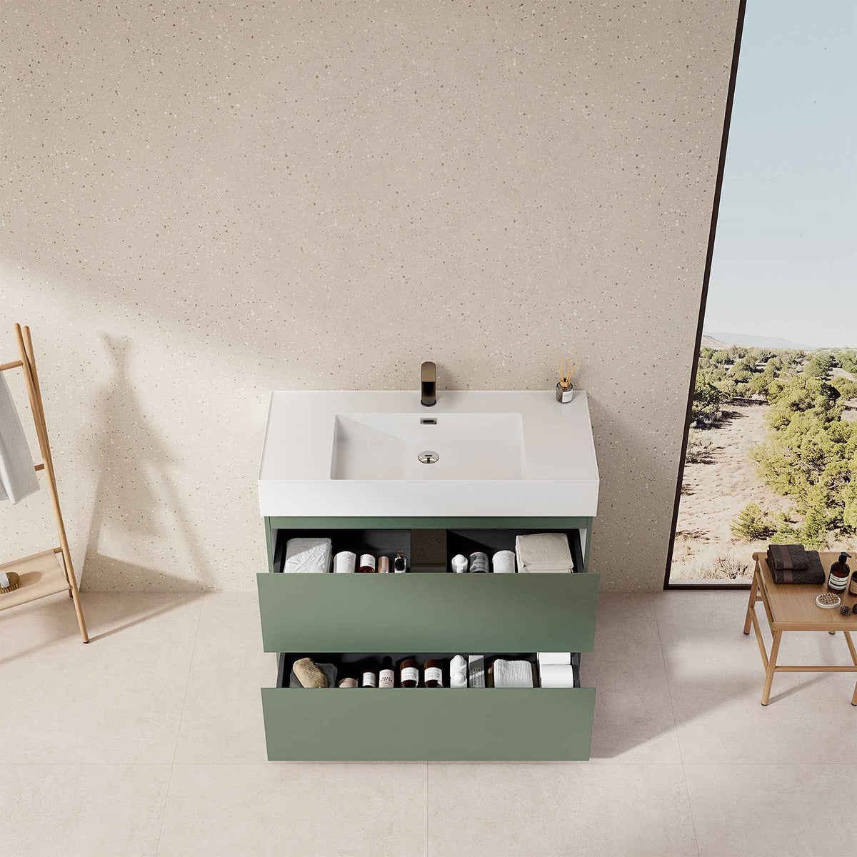 Mobile bagno a terra 100 cm verde salvia con lavabo in resina e cassetti aperti