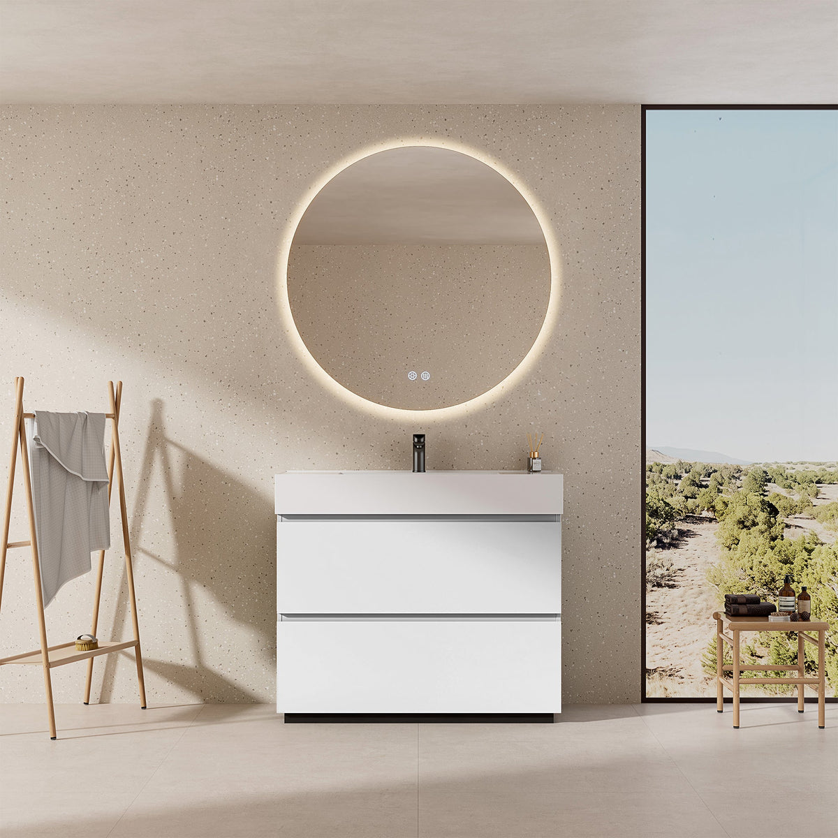 Mobile bagno a Terra 100 cm Bianco Lavabo in Resina Specchio Tondo Retroilluminato - Nube Paint