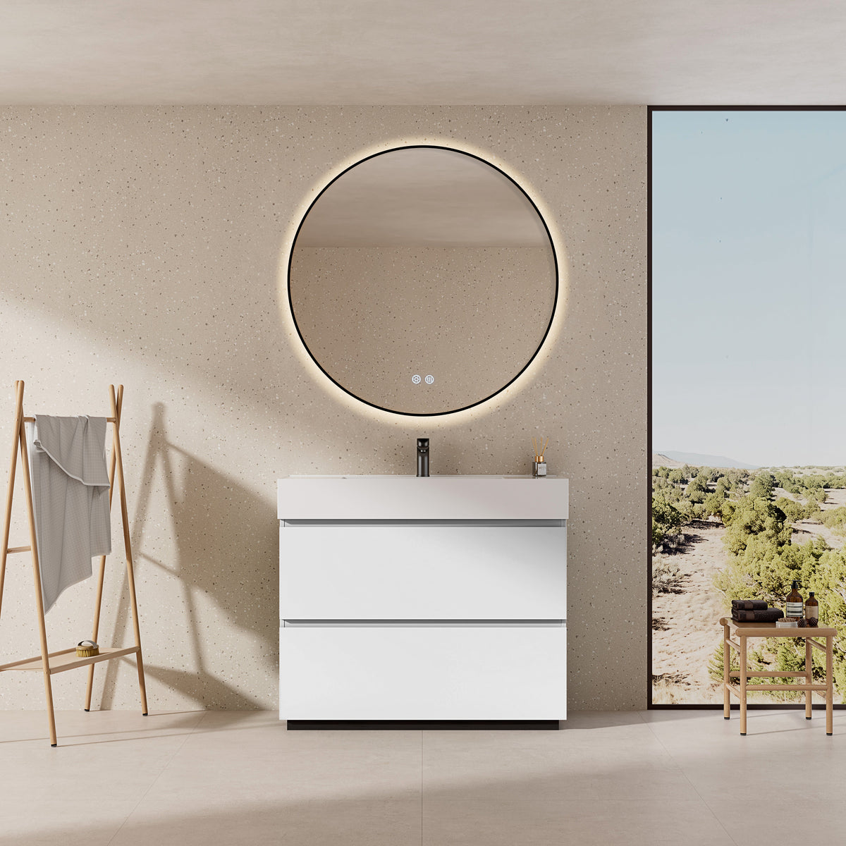 Mobile bagno a Terra 100 cm Bianco Lavabo in Resina Specchio Tondo Retroilluminato Profilo Nero - Nube Paint