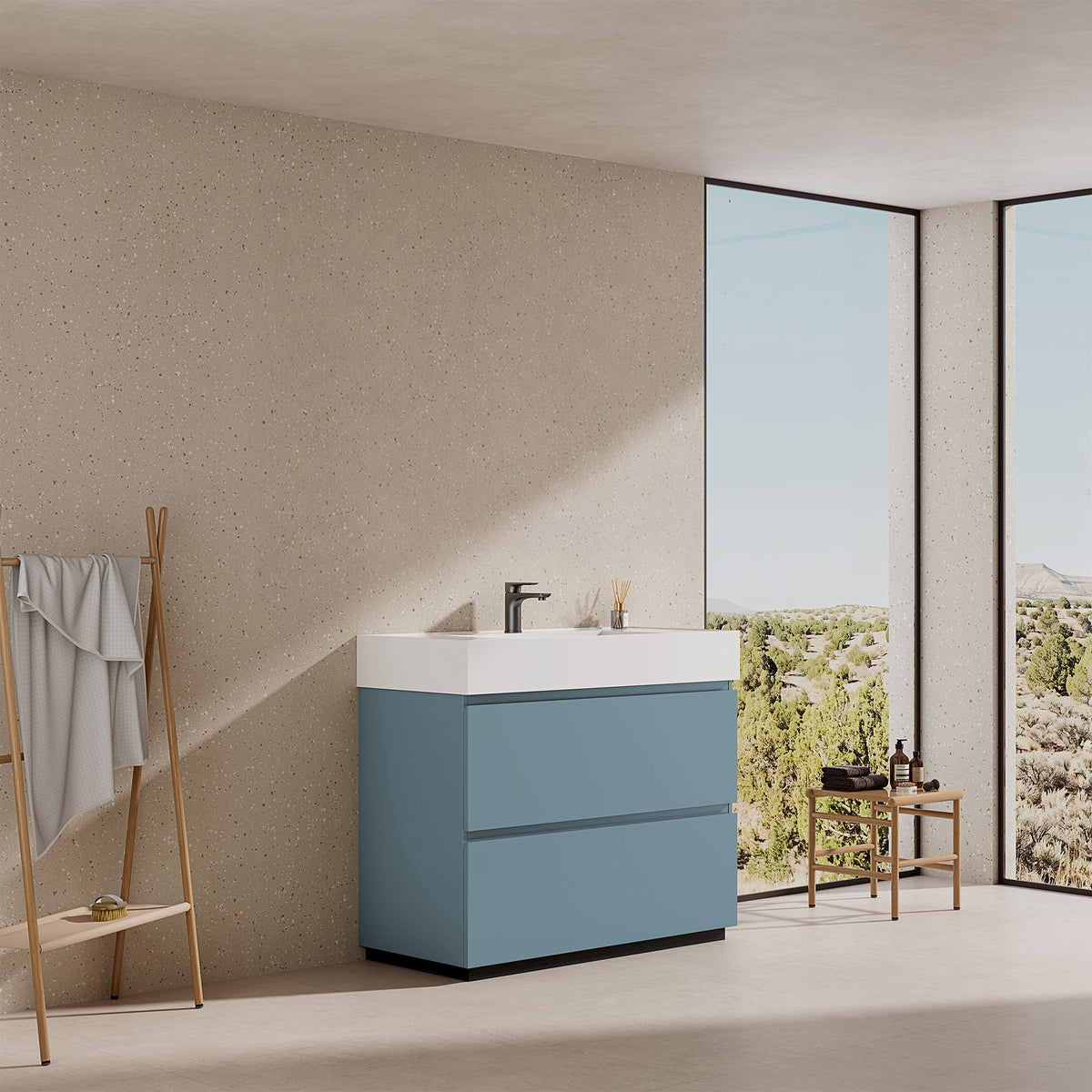 Mobile bagno a Terra 100 cm Blu Avio Lavabo in Resina Senza Specchio - Nube Paint