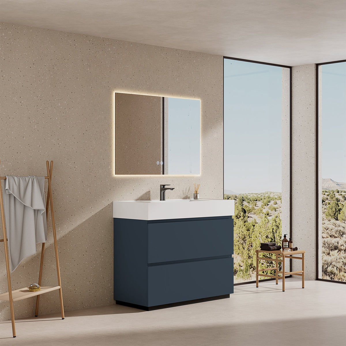 Mobile bagno a Terra 100 cm Blu Mare Lavabo in Resina Specchio Quadro Retroilluminato - Nube Paint