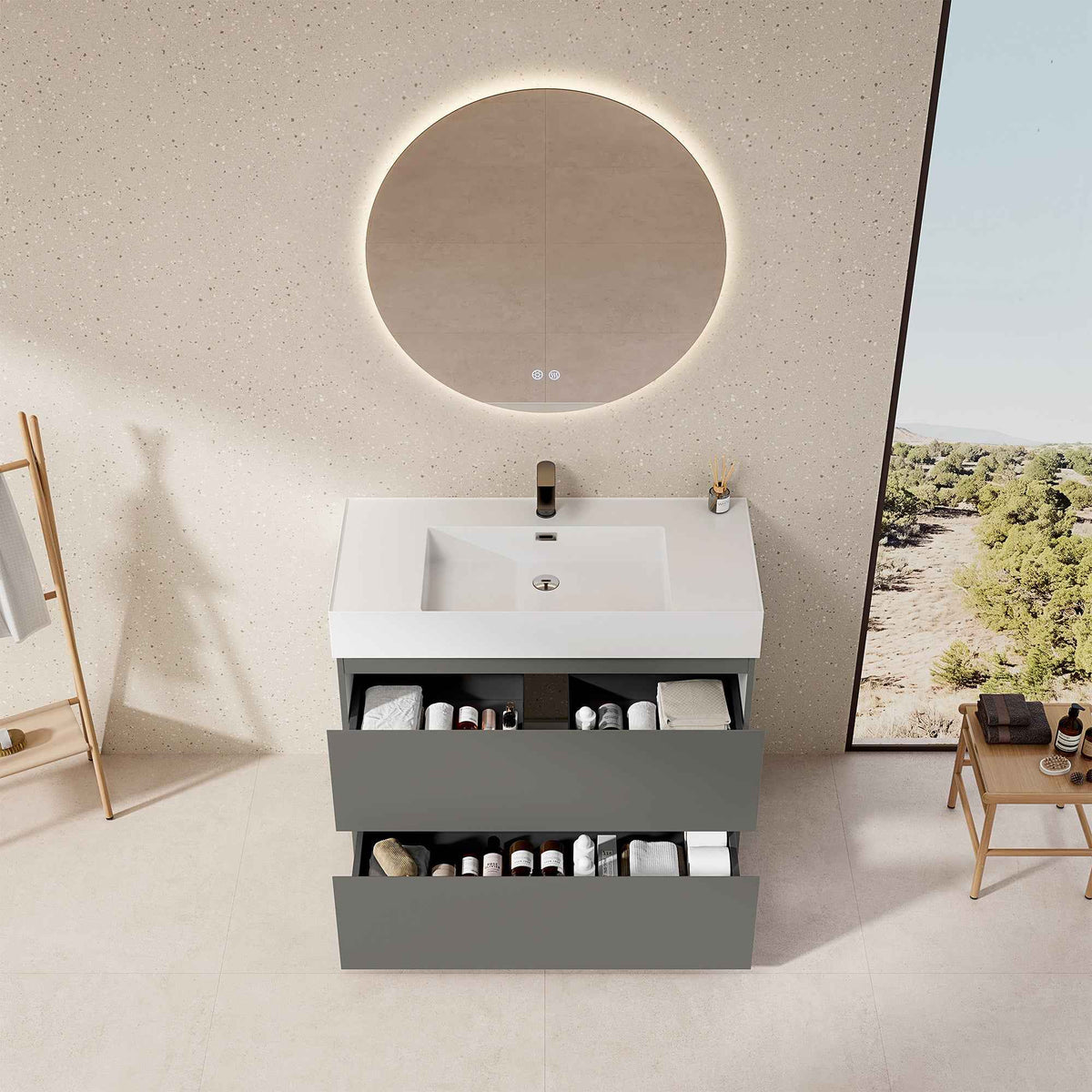 Mobile bagno a Terra 100 cm Grigio Londra Lavabo in Resina Specchio Quadro - Nube Paint