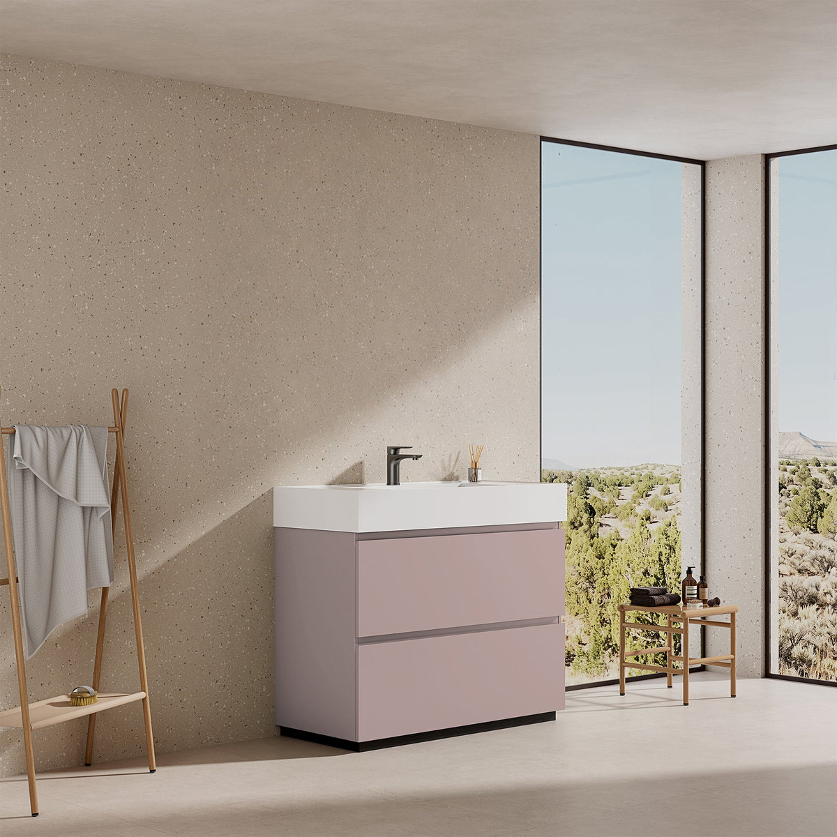 Mobile bagno a Terra 100 cm Rosa Retrò Lavabo in Resina Senza Specchio - Nube Paint