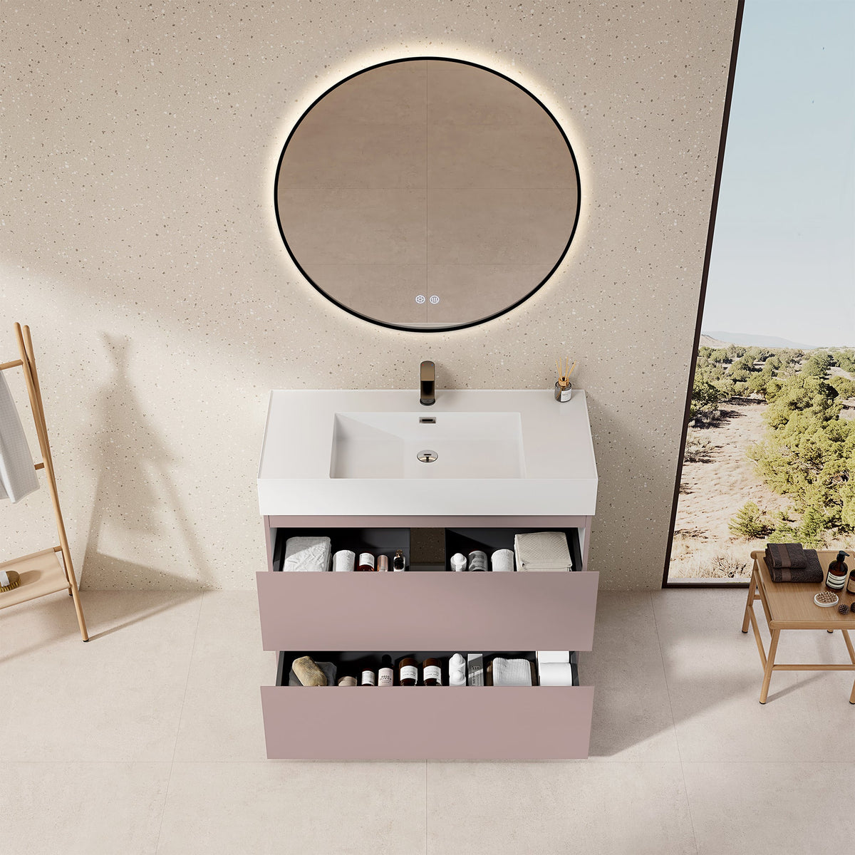 Mobile bagno a Terra 100 cm Rosa Retrò Lavabo in Resina Specchio Tondo Retroilluminato Profilo Nero - Nube Paint