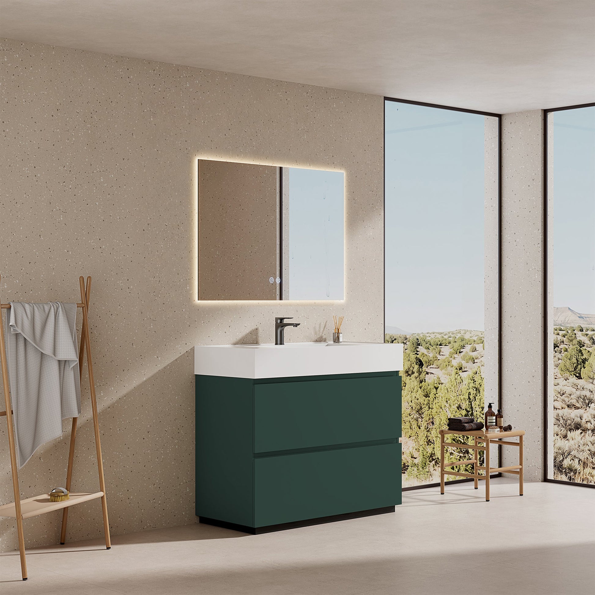 mobile bagno a terra Verde Comodoro 100 cm con lavabo in resina e specchio retroilluminato