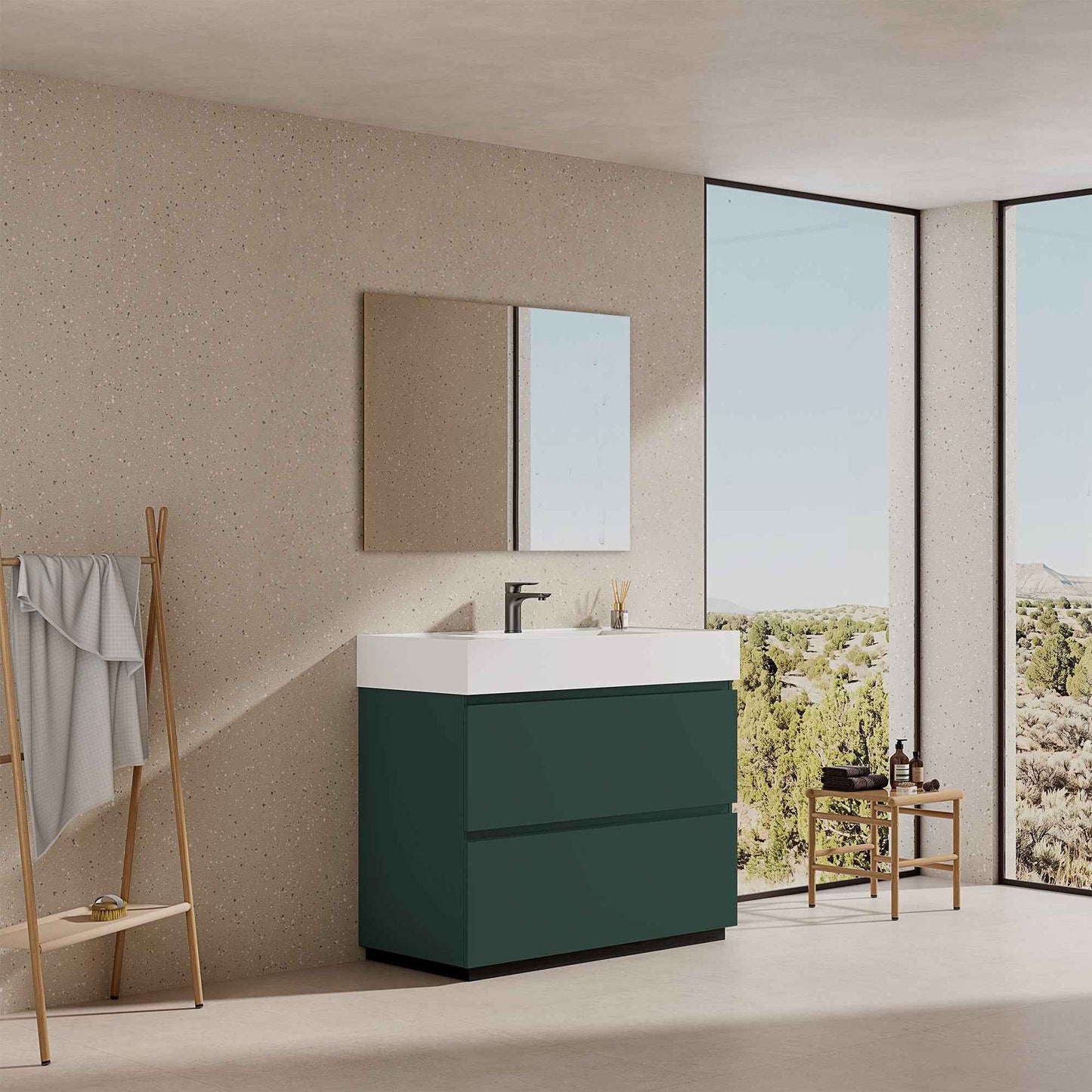Mobile bagno a terra Verde Comodoro con lavabo in resina, design moderno e funzionale.