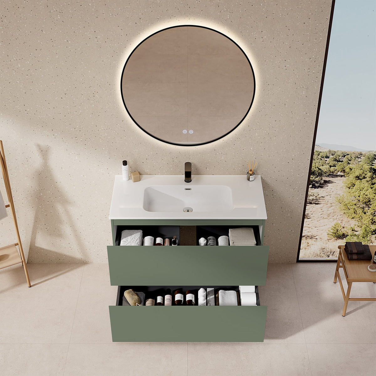 Mobile bagno a Terra 100 cm Verde Salvia Lavabo in Ceramica Specchio Tondo Retroilluminato Profilo Nero - Nube Paint