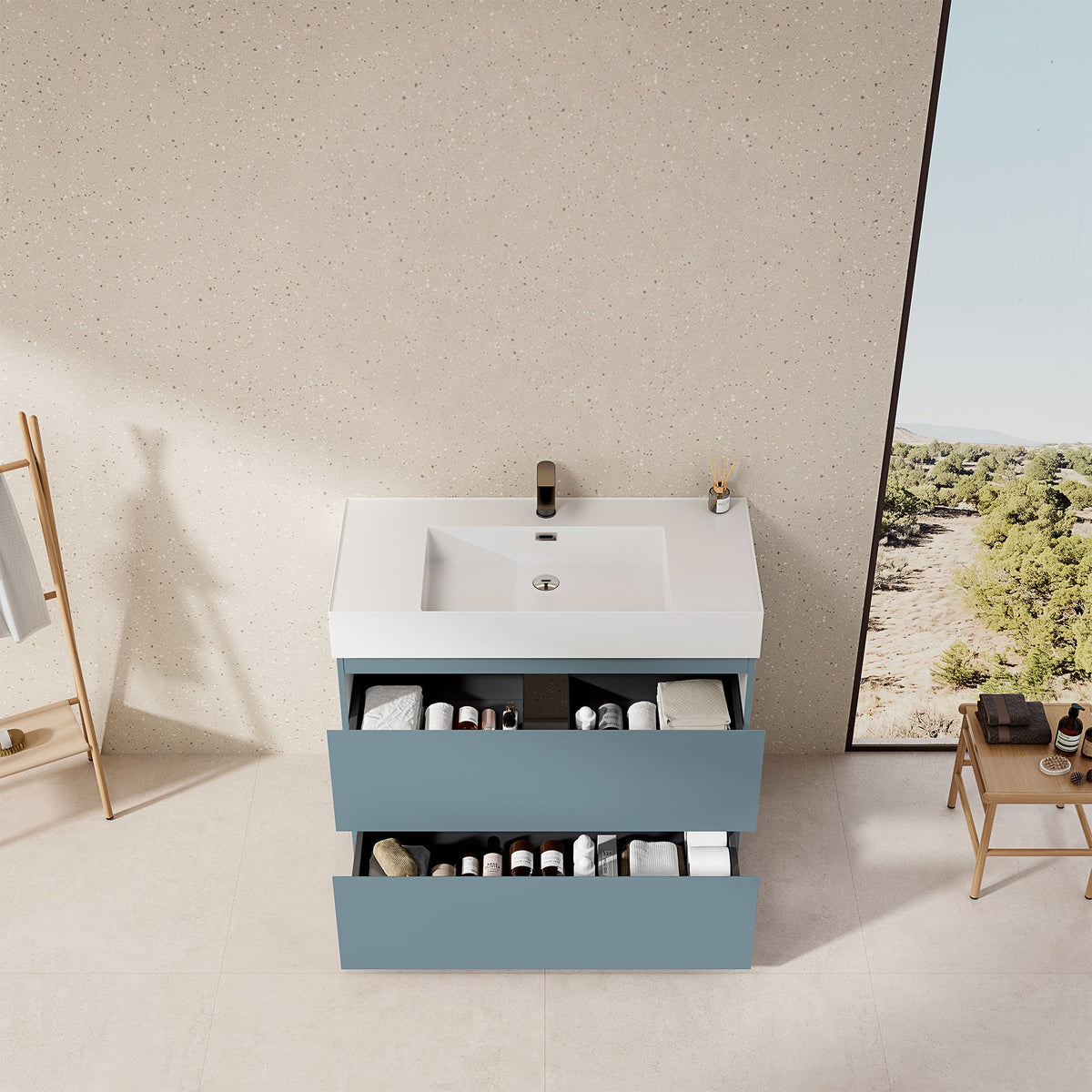 Mobile bagno a Terra 80 cm Blu Avio Lavabo in Resina Senza Specchio - Nube Paint