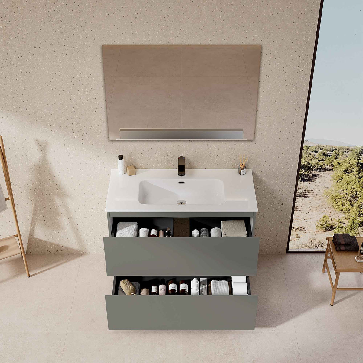 Mobile bagno a Terra 80 cm Grigio Londra Lavabo in Ceramica Specchio Tondo Retroilluminato - Nube Paint