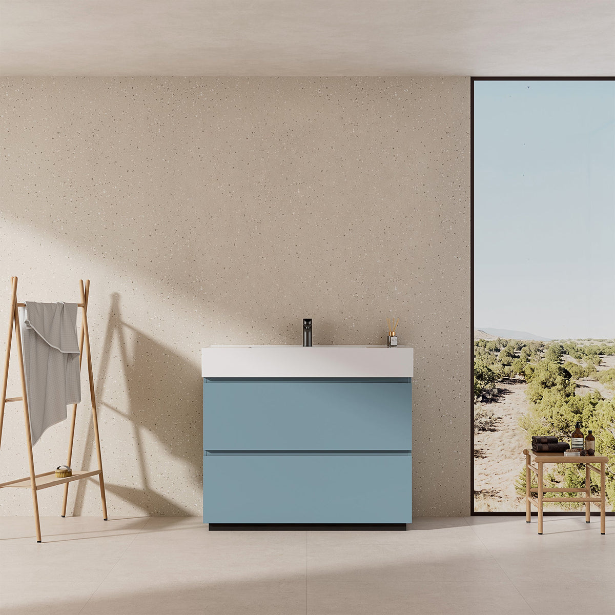 Mobile bagno a Terra 80 cm Blu Avio Lavabo in Resina Senza Specchio - Nube Paint