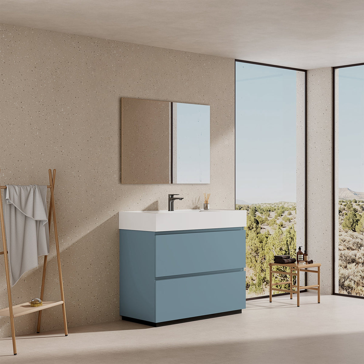 Mobile bagno a Terra 100 cm Blu Avio Lavabo in Resina Specchio Quadro - Nube Paint