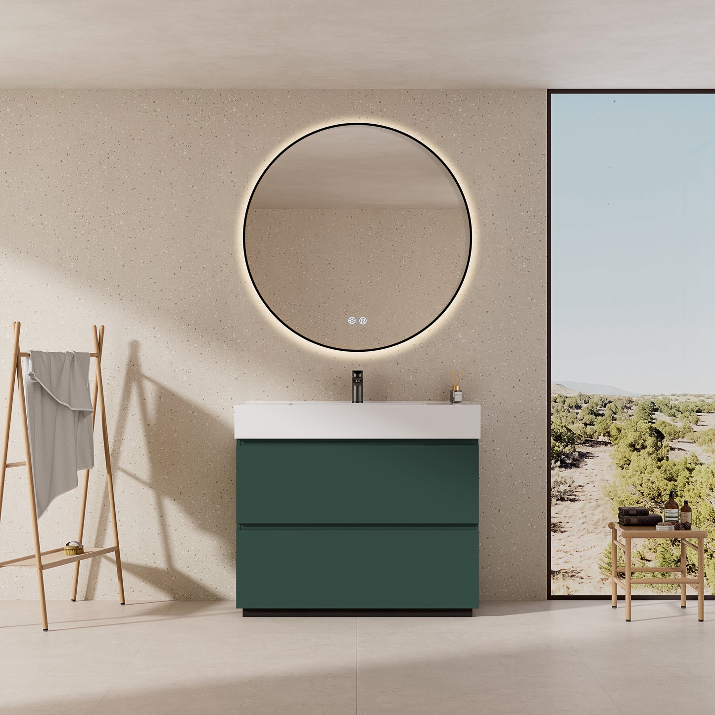 mobile bagno a terra verde comodoro 100 cm con lavabo in resina e specchio tondo retroilluminato