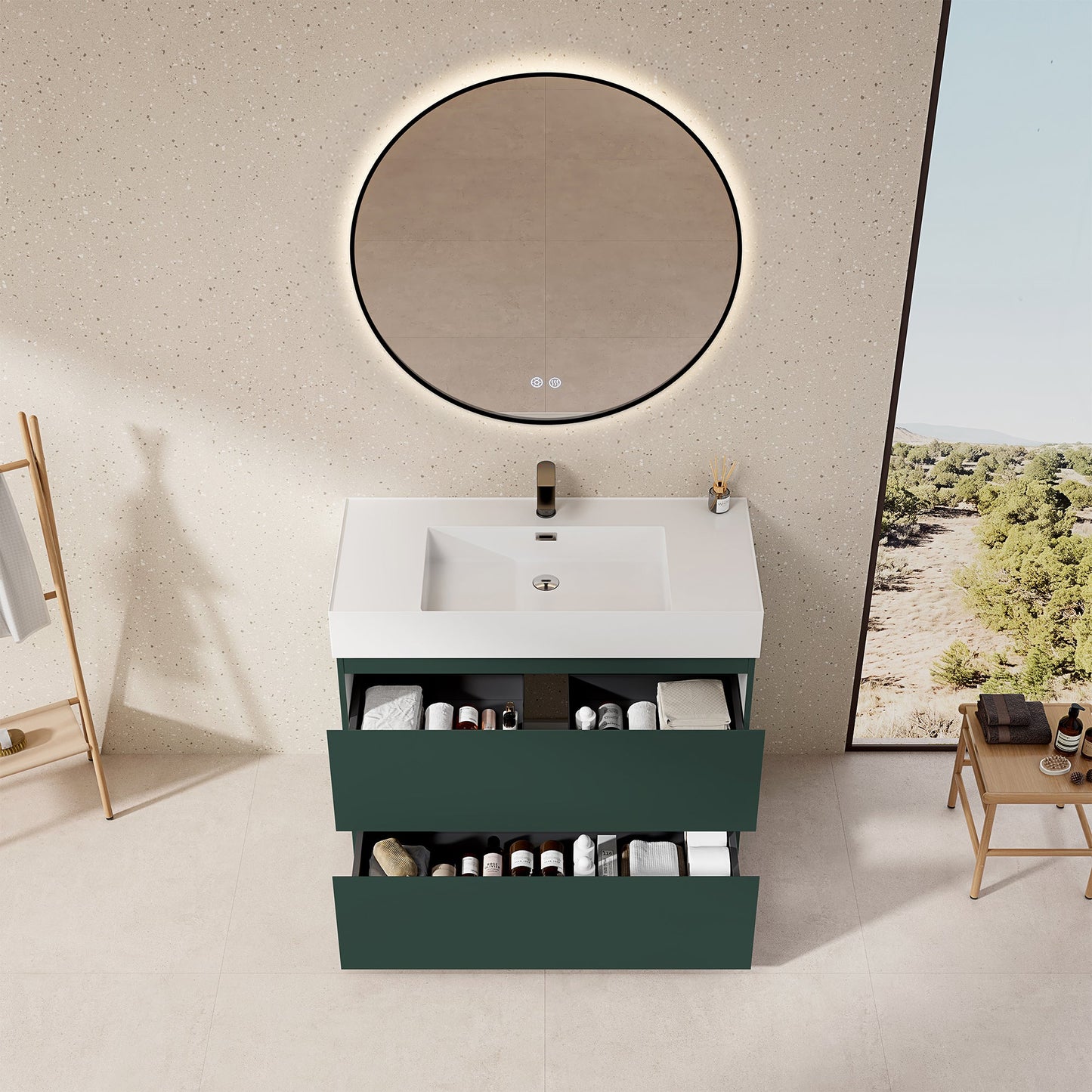 Mobile bagno a terra verde comodoro 100 cm con lavabo e specchio rotondo retroilluminato.