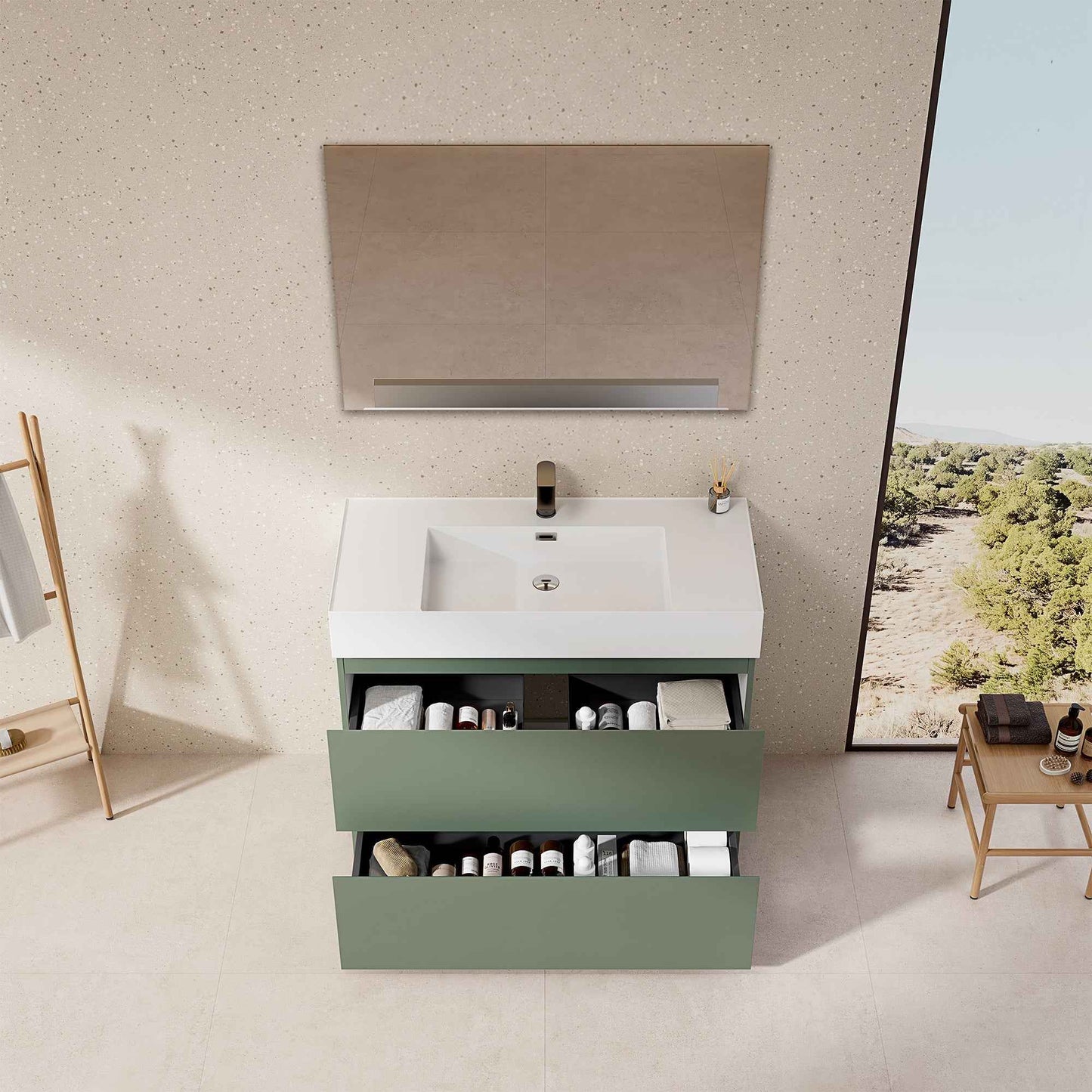 Mobile bagno a terra verde salvia con lavabo in resina e specchio retroilluminato - Nube Paint.