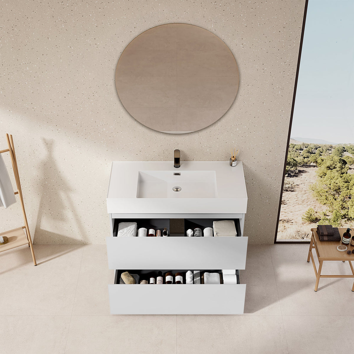Mobile bagno a Terra 100 cm Bianco Lavabo in Resina Specchio Tondo - Nube Paint