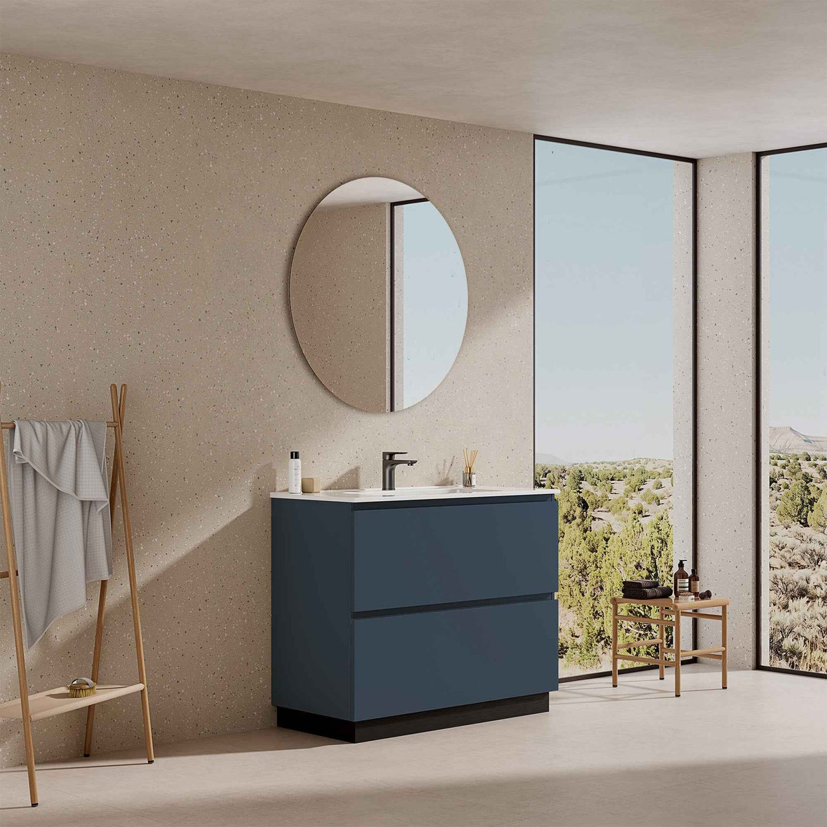 Mobile bagno a Terra 100 cm Blu Mare Lavabo in Ceramica Specchio Tondo - Nube Paint