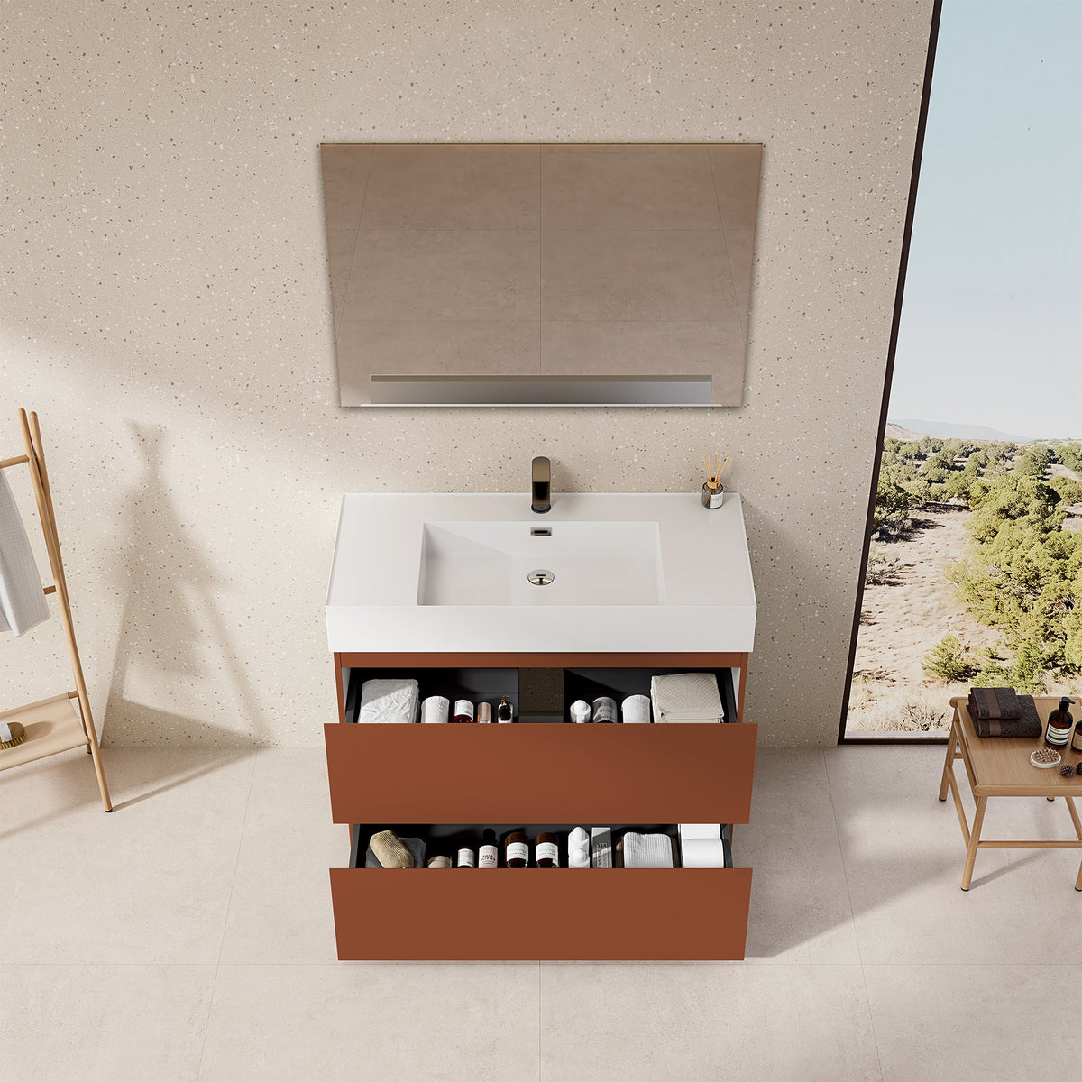 Mobile bagno a Terra 100 cm Cotto Contemporaneo Lavabo in Resina Specchio Quadro - Nube Paint