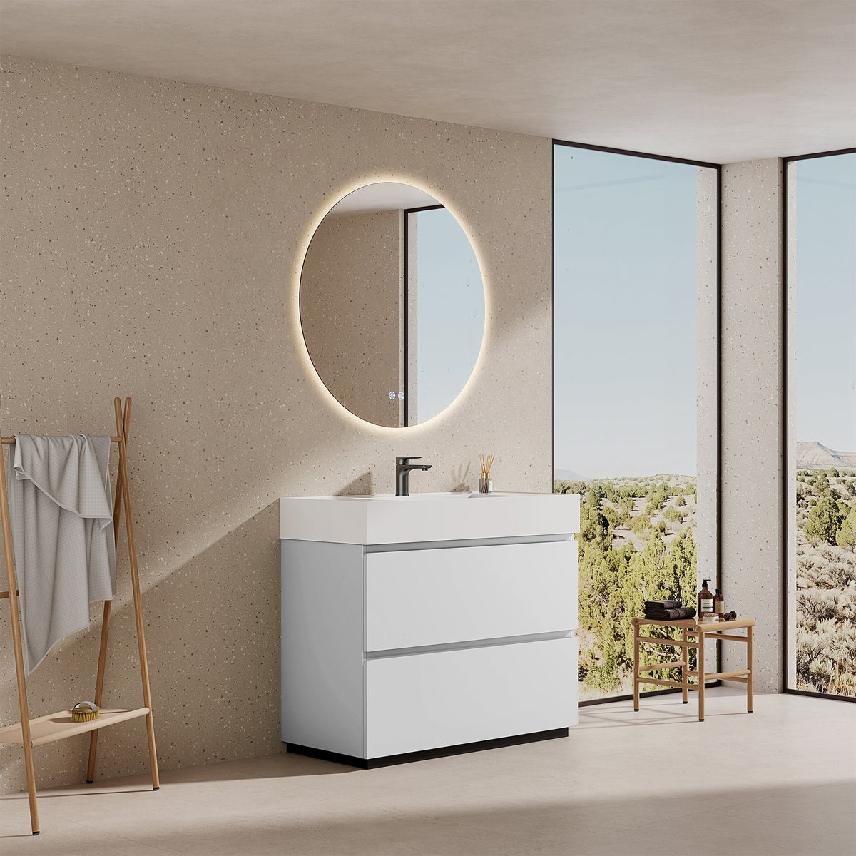 Mobile bagno a Terra 100 cm Bianco Lavabo in Resina Specchio Tondo Retroilluminato - Nube Paint