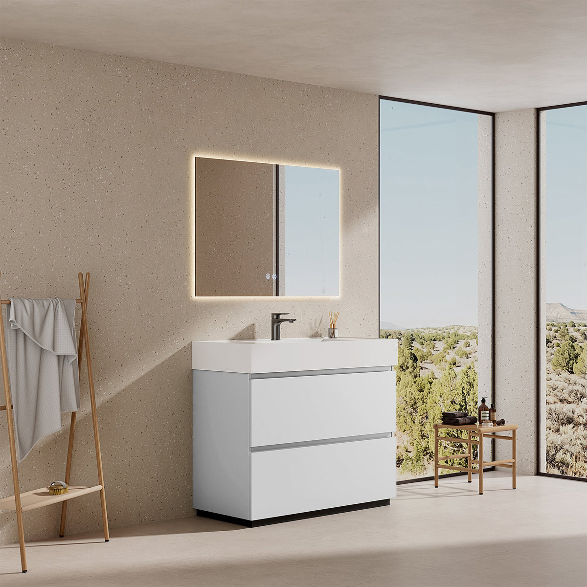 Mobile bagno a Terra 100 cm Bianco Lavabo in Resina Specchio Quadro Retroilluminato - Nube Paint