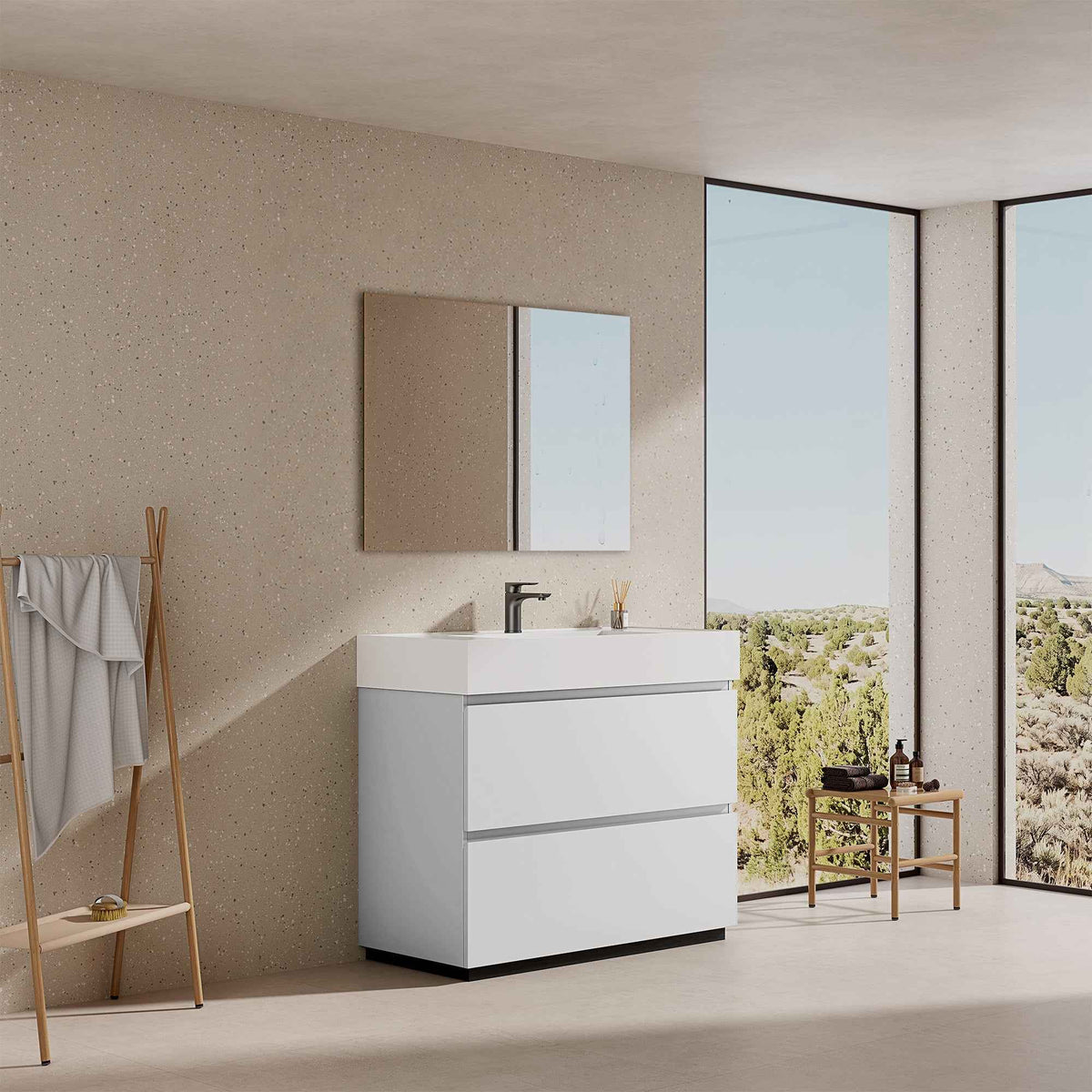 Mobile bagno a Terra 100 cm Bianco Lavabo in Resina Specchio Tondo Retroilluminato - Nube Paint