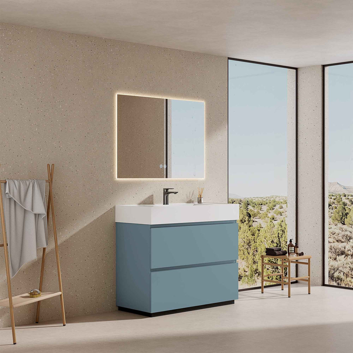 Mobile bagno a Terra 100 cm Blu Avio Lavabo in Resina Specchio Quadro Retroilluminato - Nube Paint
