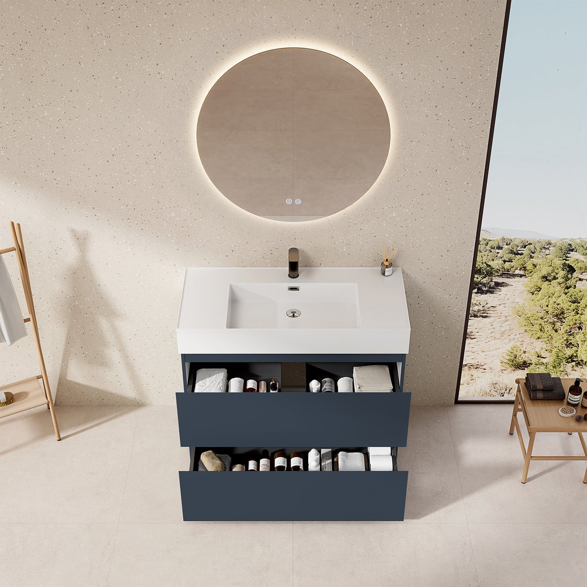 Mobile bagno a Terra 100 cm Blu Mare Lavabo in Resina Specchio Tondo Retroilluminato - Nube Paint