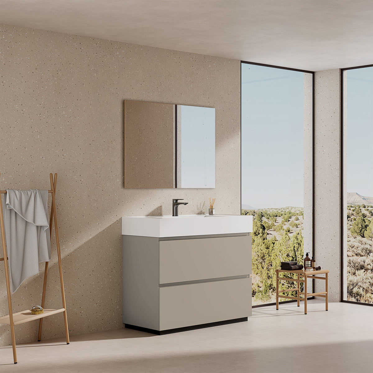 Mobile bagno a Terra 100 cm Grigio Cenere Lavabo in Resina Specchio Quadro - Nube Paint