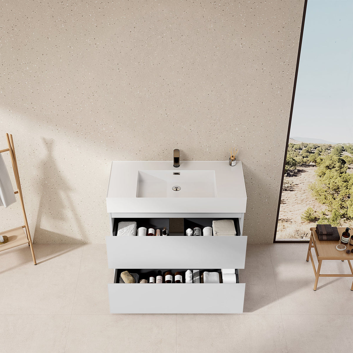 Mobile bagno a Terra 100 cm Bianco Lavabo in Resina Senza Specchio - Nube Paint