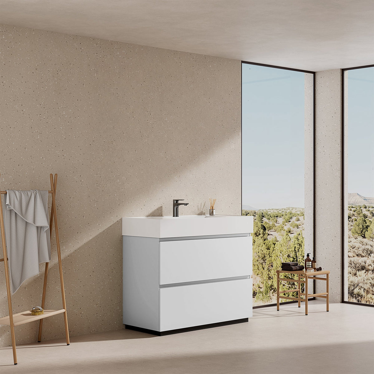 Mobile bagno a Terra 100 cm Bianco Lavabo in Resina Senza Specchio - Nube Paint