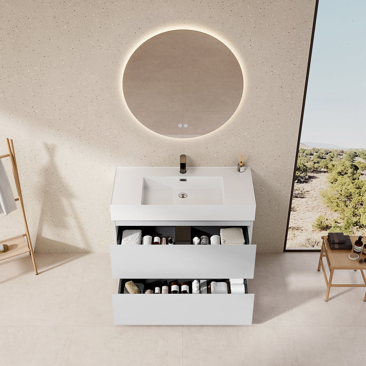 Mobile bagno a Terra 100 cm Bianco Lavabo in Resina Specchio Tondo Retroilluminato - Nube Paint