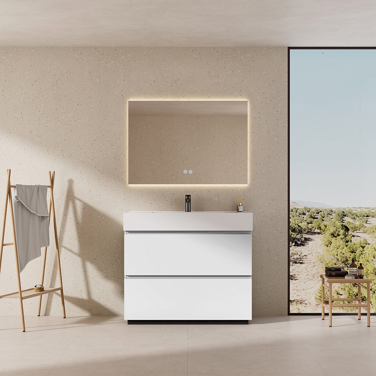 Mobile bagno a Terra 100 cm Bianco Lavabo in Resina Specchio Quadro Retroilluminato - Nube Paint