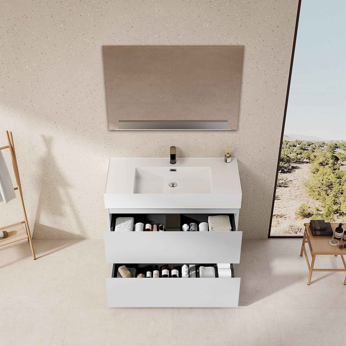 Mobile bagno a Terra 100 cm Bianco Lavabo in Resina Specchio Tondo Retroilluminato - Nube Paint