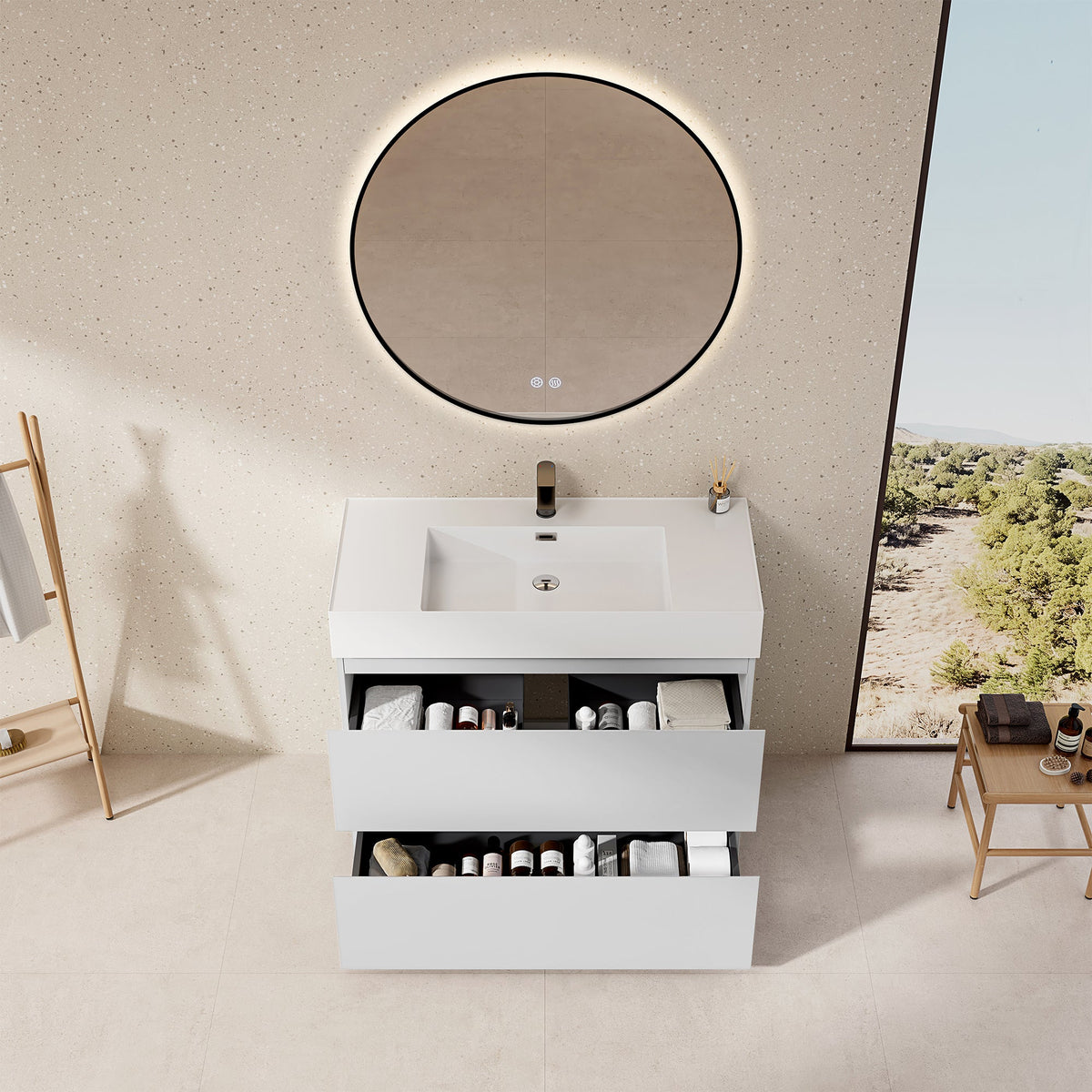 Mobile bagno a Terra 100 cm Bianco Lavabo in Resina Specchio Tondo Retroilluminato Profilo Nero - Nube Paint
