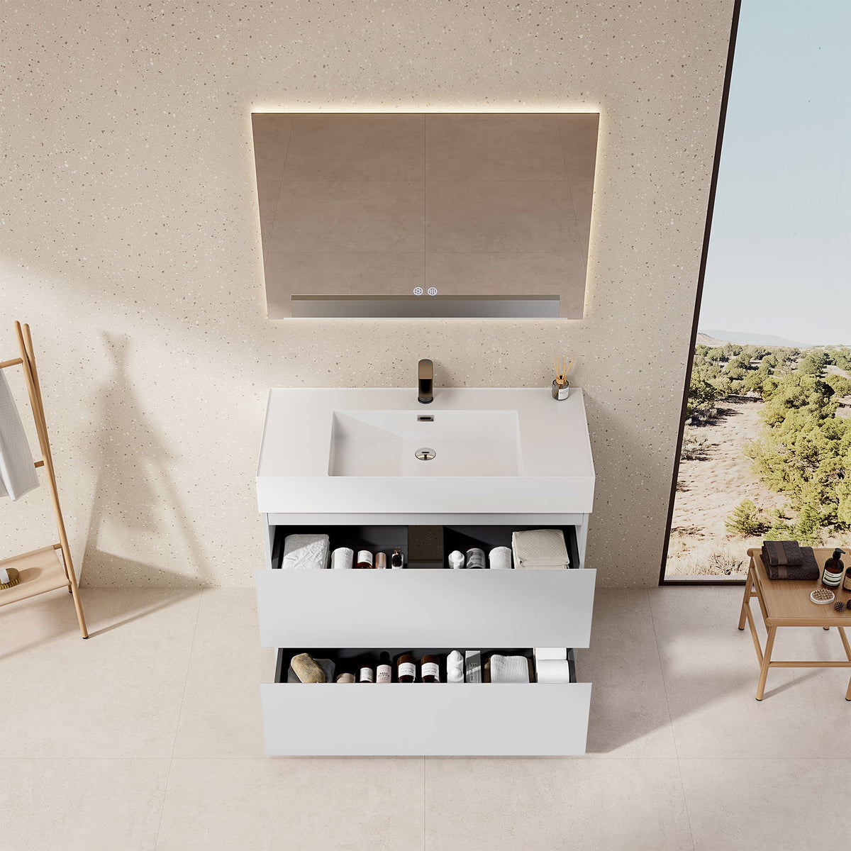 Mobile bagno a Terra 100 cm Bianco Lavabo in Resina Specchio Quadro Retroilluminato - Nube Paint